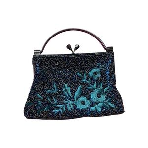 Jessica McClintock Black and Blue Beaded Clutch with Floral Design